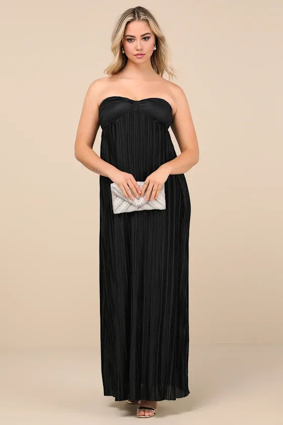 Black Dress Vintage Sweetheart Strapless Maxi Dress Evening Dress A-Line Sleeveless Prom Dress