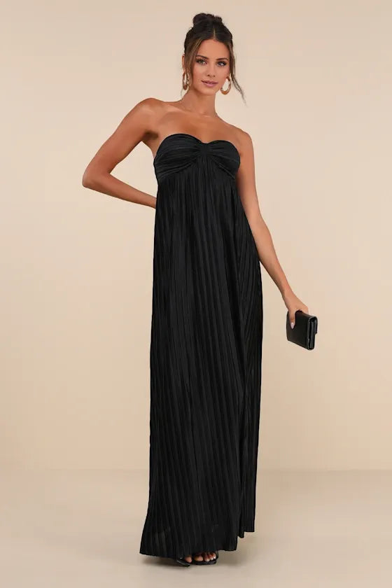 Black Dress Vintage Sweetheart Strapless Maxi Dress Evening Dress A-Line Sleeveless Prom Dress