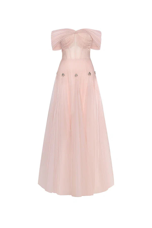 Blush Pink Dress Vintage Blush A-line Corset Waist Ankle Length Dress Off the Shoulder Pleated Evening Dress