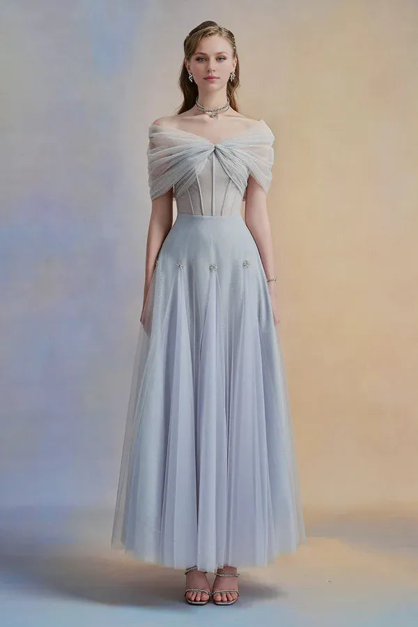 Blush Pink Dress Vintage Blush A-line Corset Waist Ankle Length Dress Off the Shoulder Pleated Evening Dress