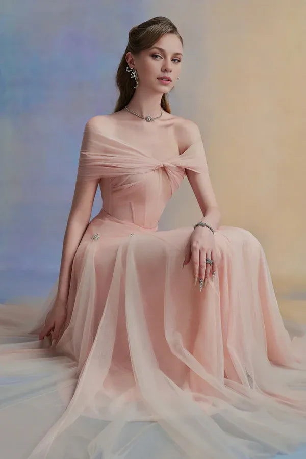Blush Pink Dress Vintage Blush A-line Corset Waist Ankle Length Dress Off the Shoulder Pleated Evening Dress