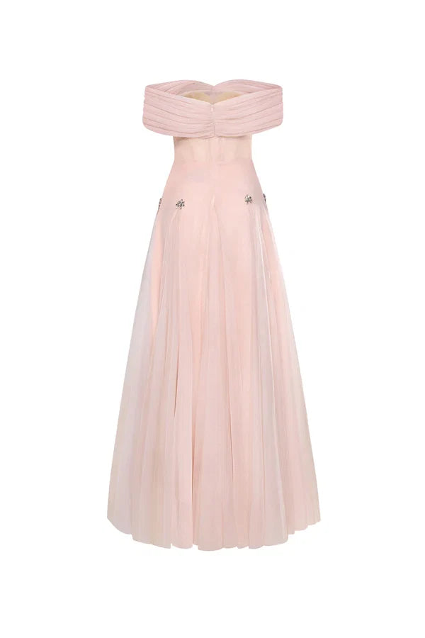 Blush Pink Dress Vintage Blush A-line Corset Waist Ankle Length Dress Off the Shoulder Pleated Evening Dress