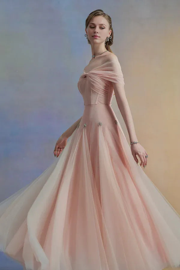 Blush Pink Dress Vintage Blush A-line Corset Waist Ankle Length Dress Off the Shoulder Pleated Evening Dress