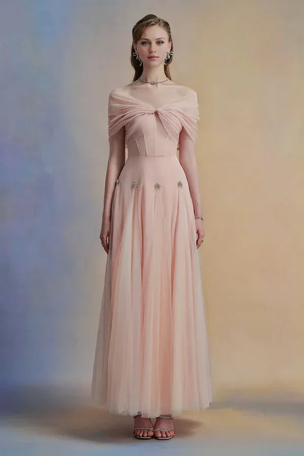 Blush Pink Dress Vintage Blush A-line Corset Waist Ankle Length Dress Off the Shoulder Pleated Evening Dress