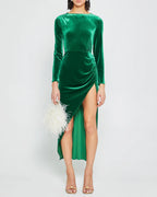 Dress Vintage Column Ankle-Length Long Sleeve Party Dresses Boat Neck Pleated Open Back Evening Dress