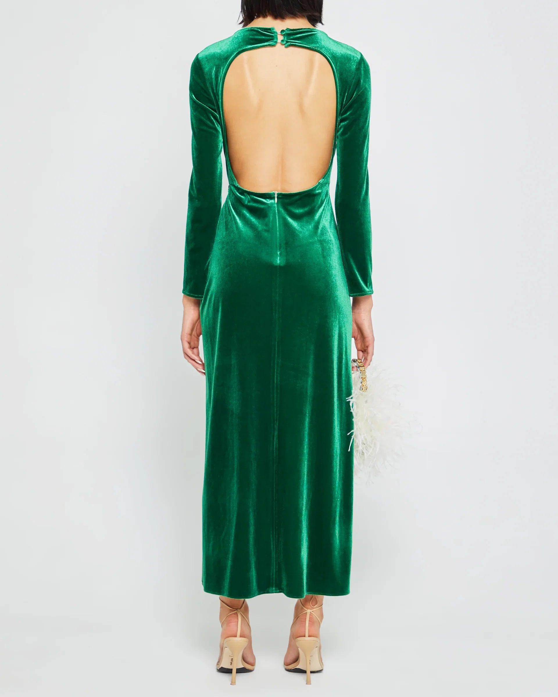 Dress Vintage Column Ankle-Length Long Sleeve Party Dresses Boat Neck Pleated Open Back Evening Dress