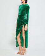 Dress Vintage Column Ankle-Length Long Sleeve Party Dresses Boat Neck Pleated Open Back Evening Dress