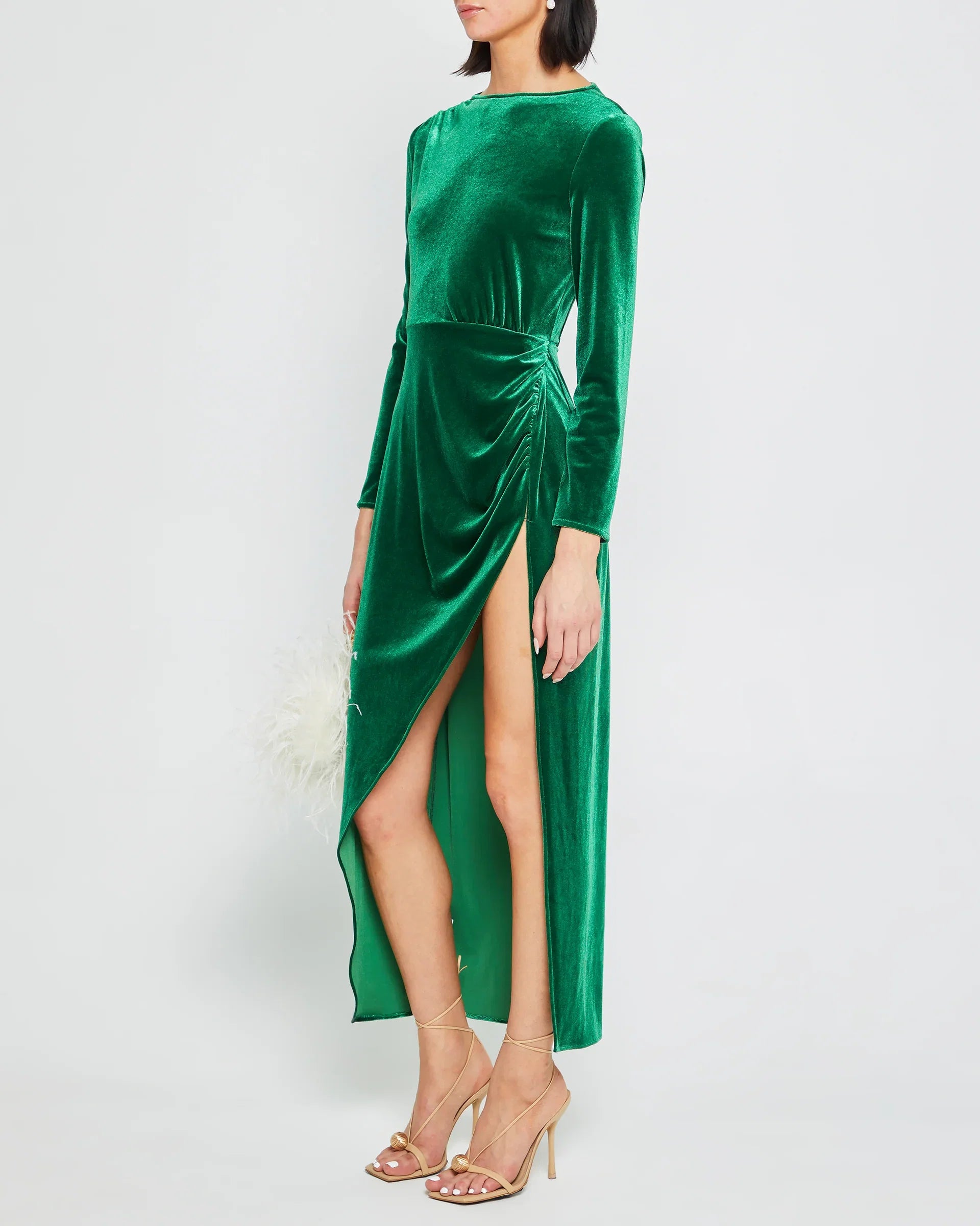 Dress Vintage Column Ankle-Length Long Sleeve Party Dresses Boat Neck Pleated Open Back Evening Dress