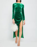 Dress Vintage Column Ankle-Length Long Sleeve Party Dresses Boat Neck Pleated Open Back Evening Dress