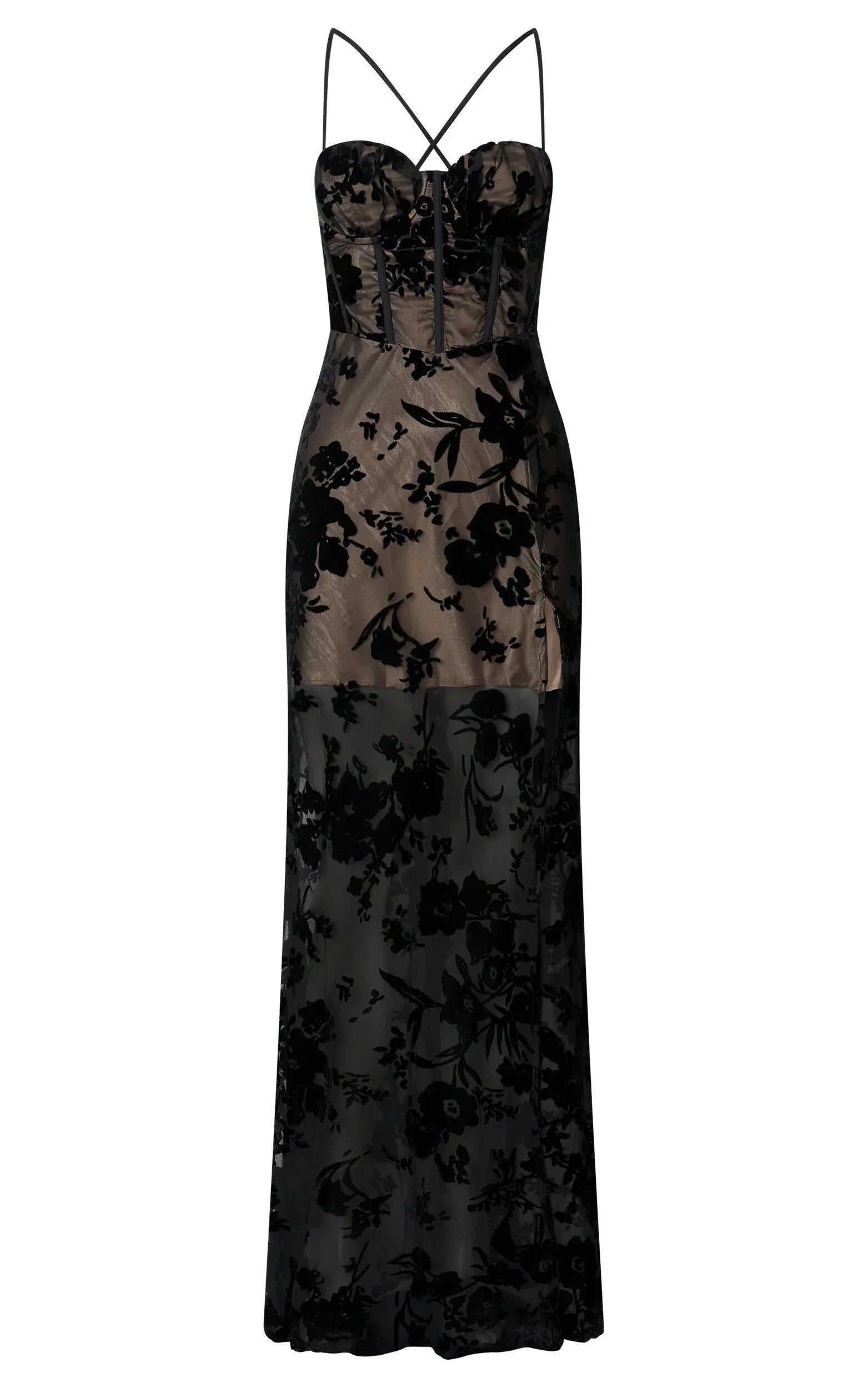 Black Dress Vintage Corset Front Burnout Maxi Dress Sheath Sleeveless Backless Spaghetti Straps Evening Dress