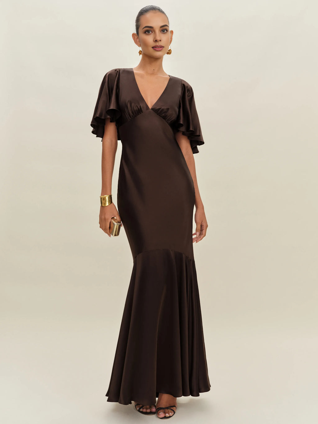 Dress Vintage Deep V Neck Flutter Sleeve Mermaid Prom Dress Maxi Dress Backless Ruffle Evening Dress