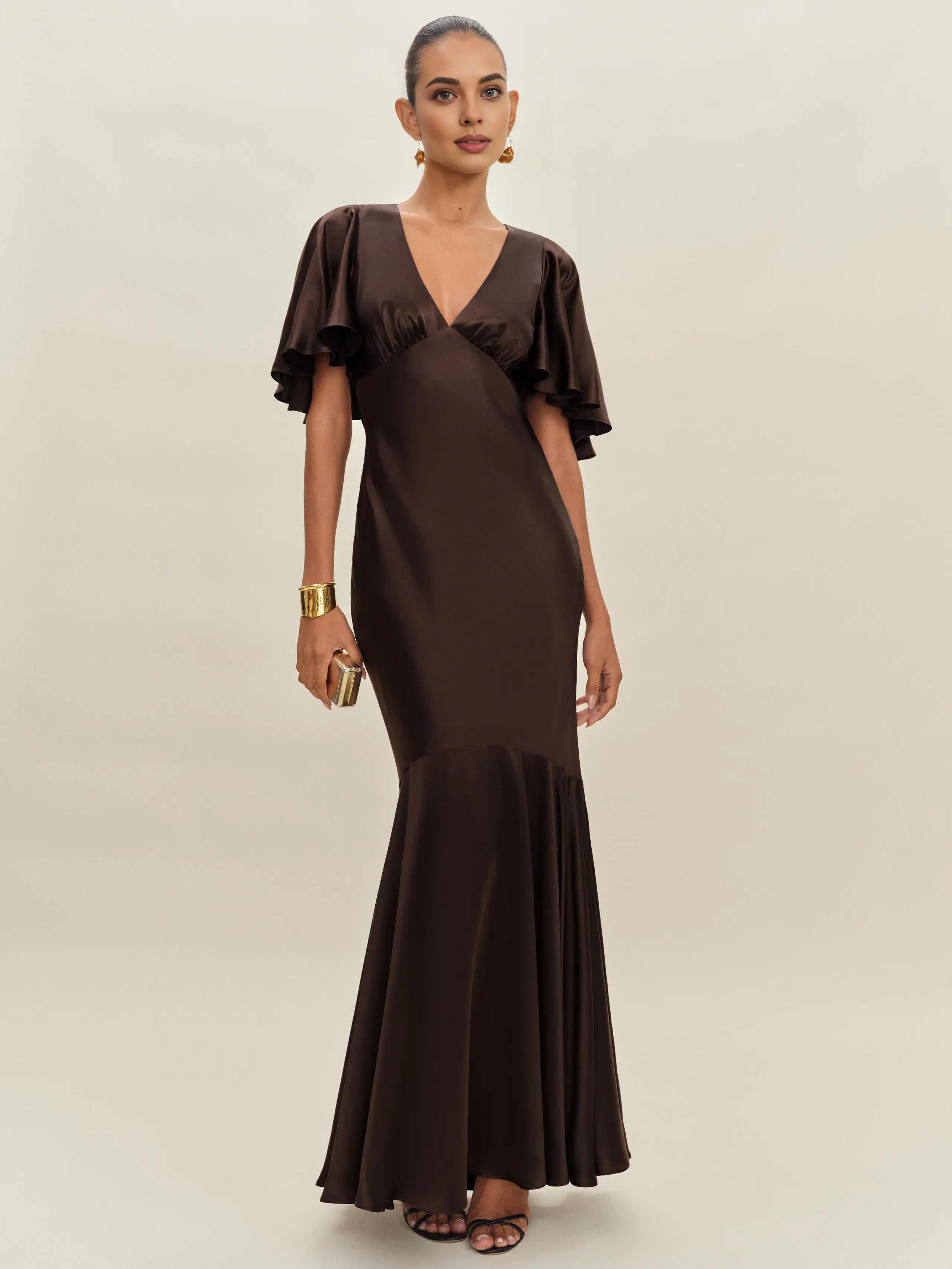 Dress Vintage Deep V Neck Flutter Sleeve Mermaid Prom Dress Maxi Dress Backless Ruffle Evening Dress