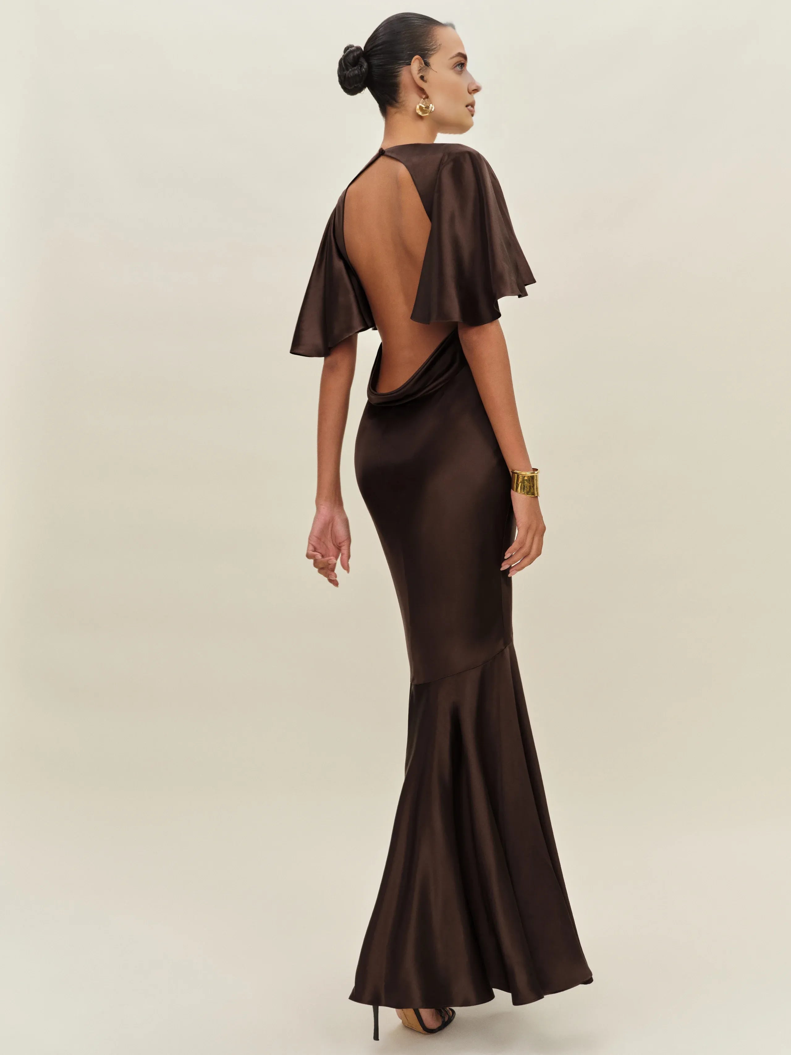Dress Vintage Deep V Neck Flutter Sleeve Mermaid Prom Dress Maxi Dress Backless Ruffle Evening Dress