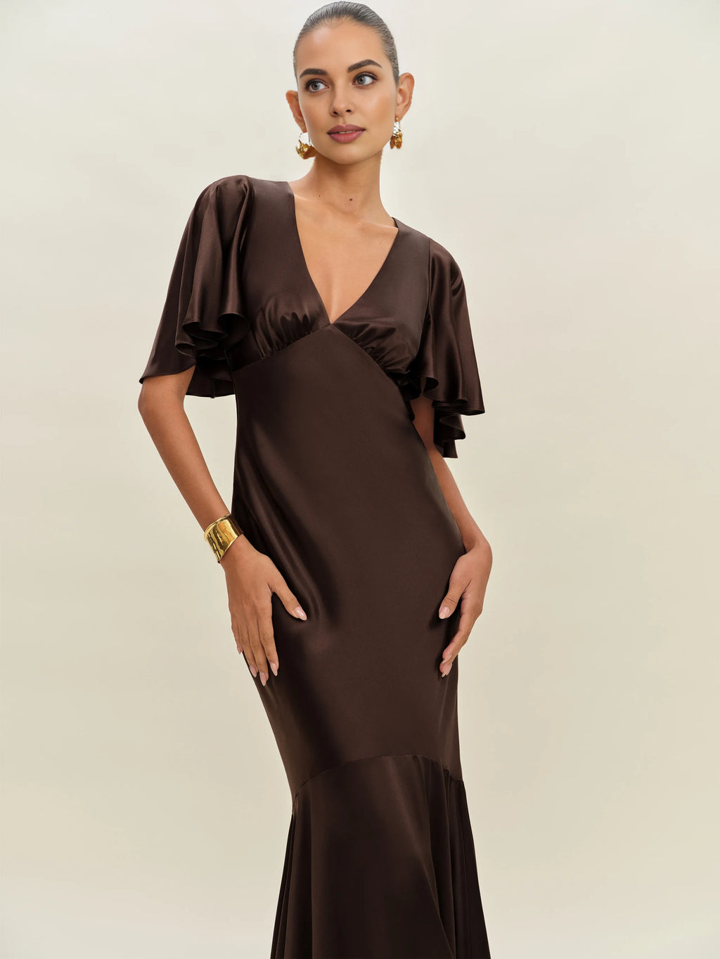 Dress Vintage Deep V Neck Flutter Sleeve Mermaid Prom Dress Maxi Dress Backless Ruffle Evening Dress