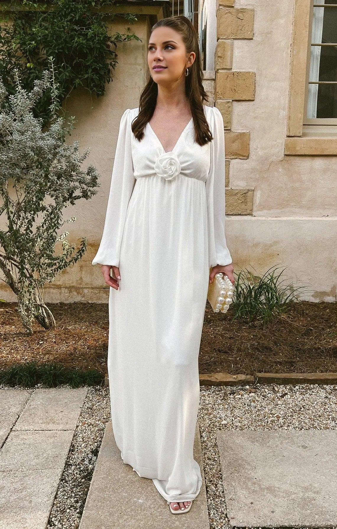 Dress Vintage Deep V Neck Long Sleeve Maxi Dress Column Solid Color Full Coverage Prom Dress With 3D Flower
