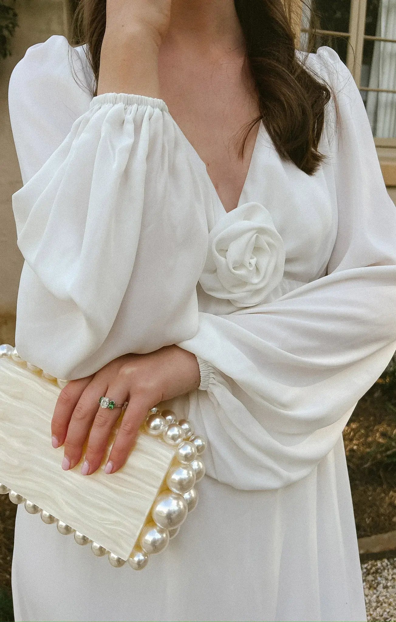 Dress Vintage Deep V Neck Long Sleeve Maxi Dress Column Solid Color Full Coverage Prom Dress With 3D Flower