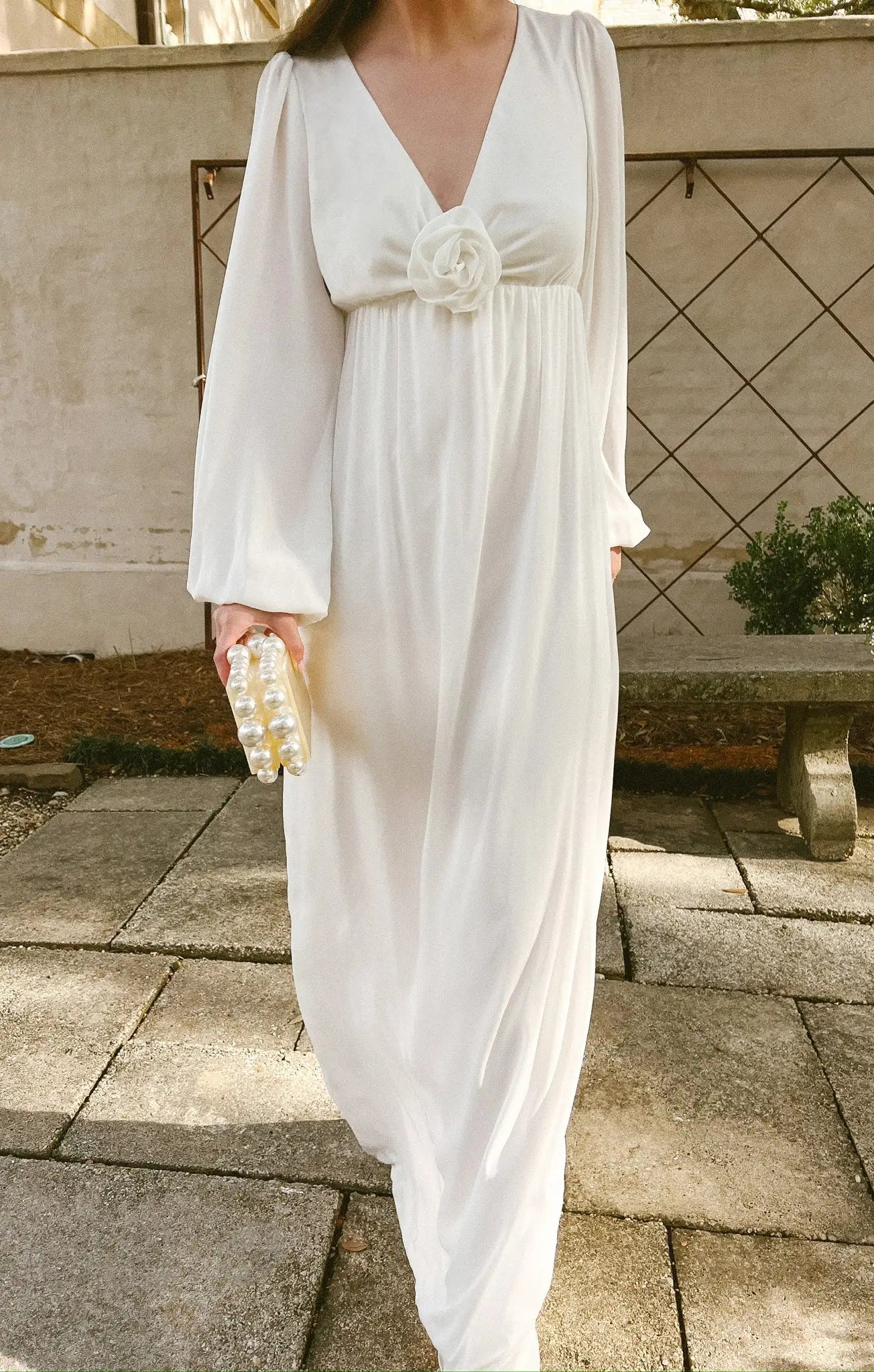 Dress Vintage Deep V Neck Long Sleeve Maxi Dress Column Solid Color Full Coverage Prom Dress With 3D Flower