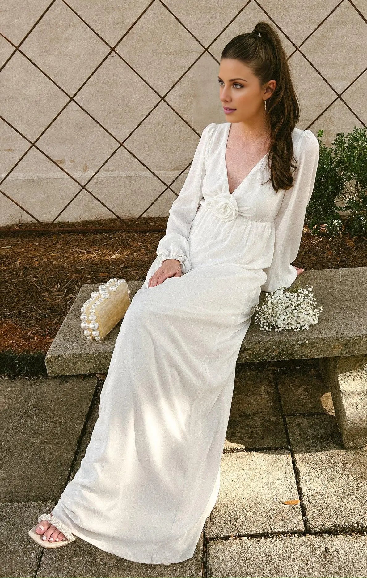 Dress Vintage Deep V Neck Long Sleeve Maxi Dress Column Solid Color Full Coverage Prom Dress With 3D Flower