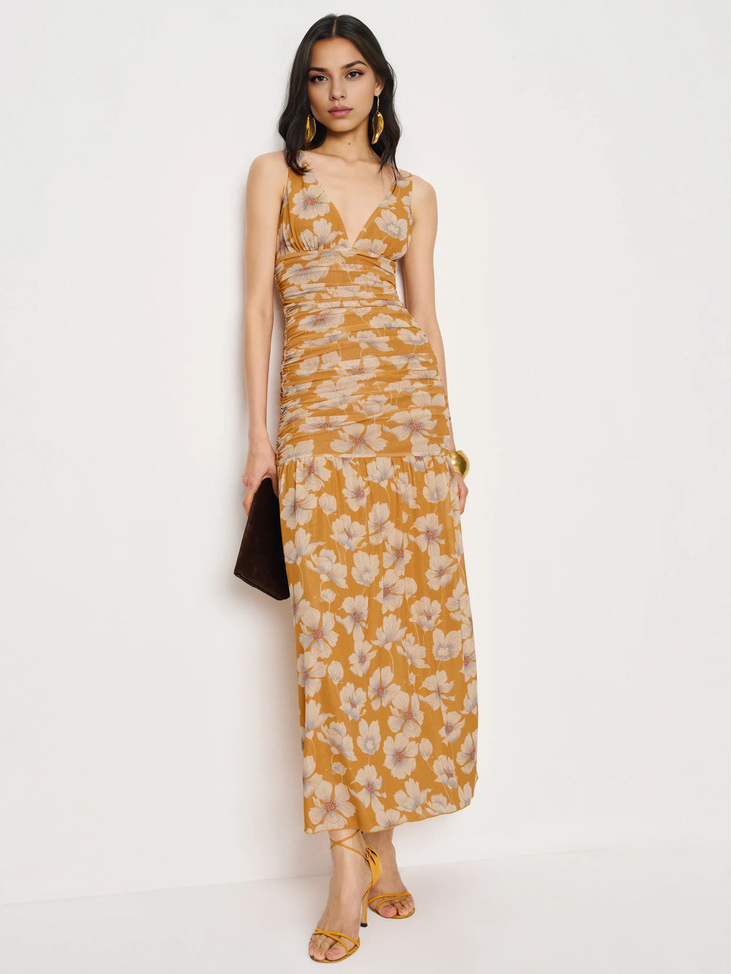 Dress Vintage Flower Printed V Neck Sleeveless Mermaid Prom Dress Maxi Dress Backless Evening Dress