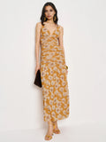 Dress Vintage Flower Printed V Neck Sleeveless Mermaid Prom Dress Maxi Dress Backless Evening Dress