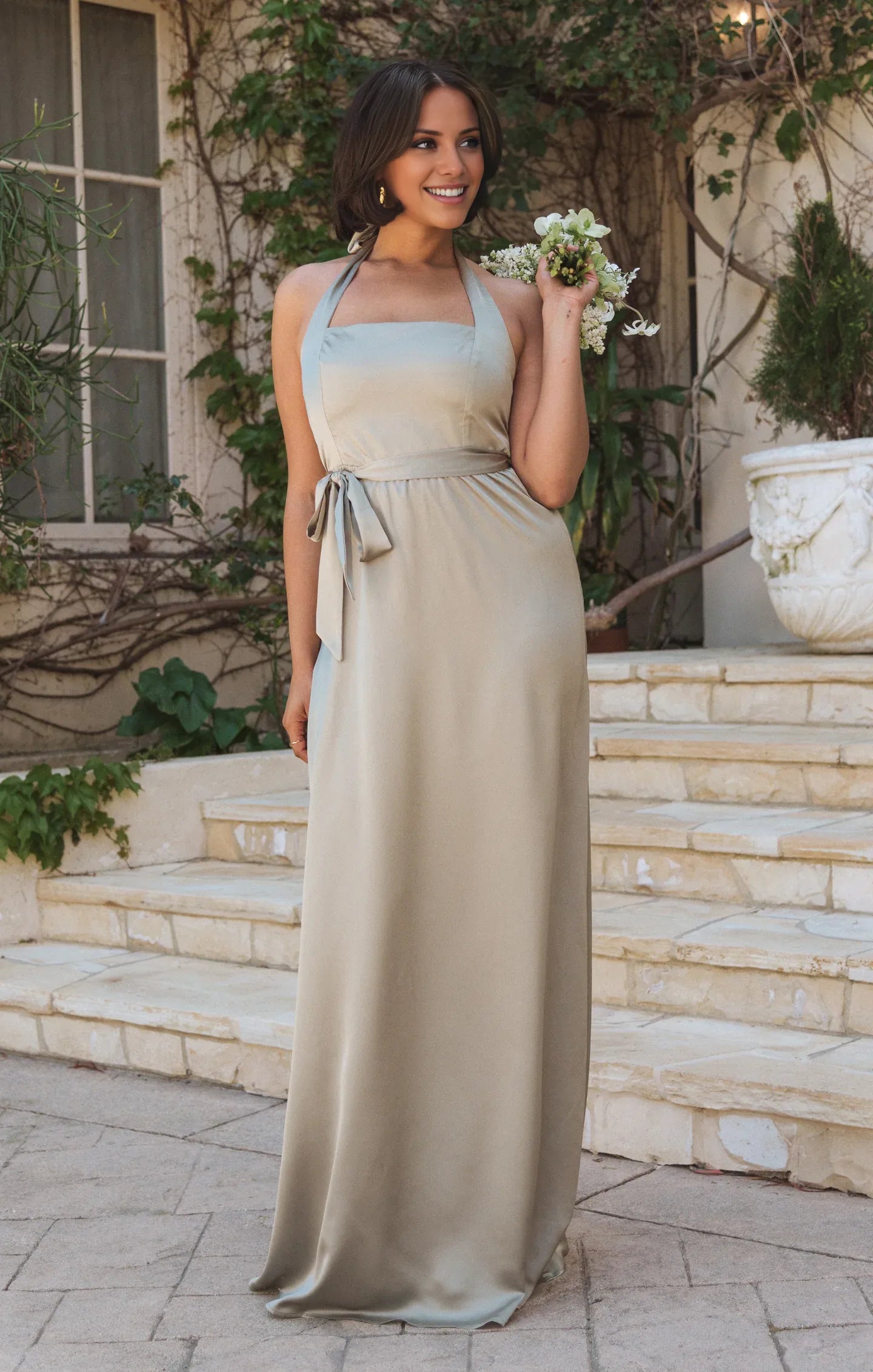 Dress Vintage Halter Neck Sleeveless Maxi Dress A-Line Solid Color Backless Prom Dress