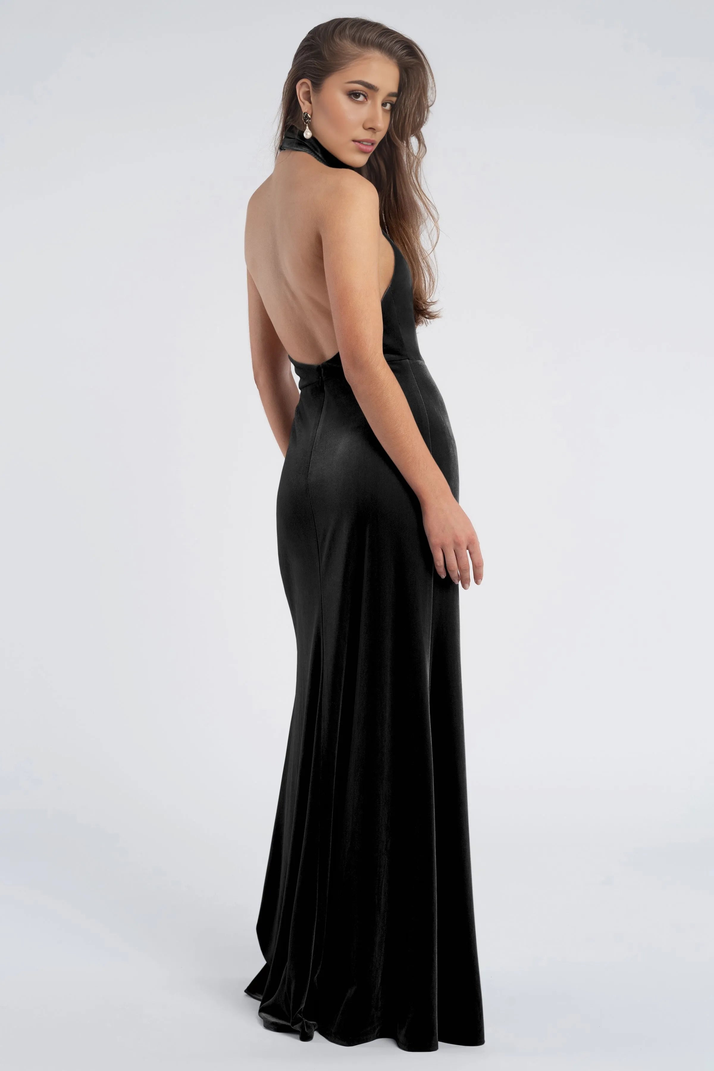 Dress Vintage Halter Sleeveless Low Open Back Evening Dress Bridesmaid Dress Floor-Length Sheath Solid Color Prom Dress