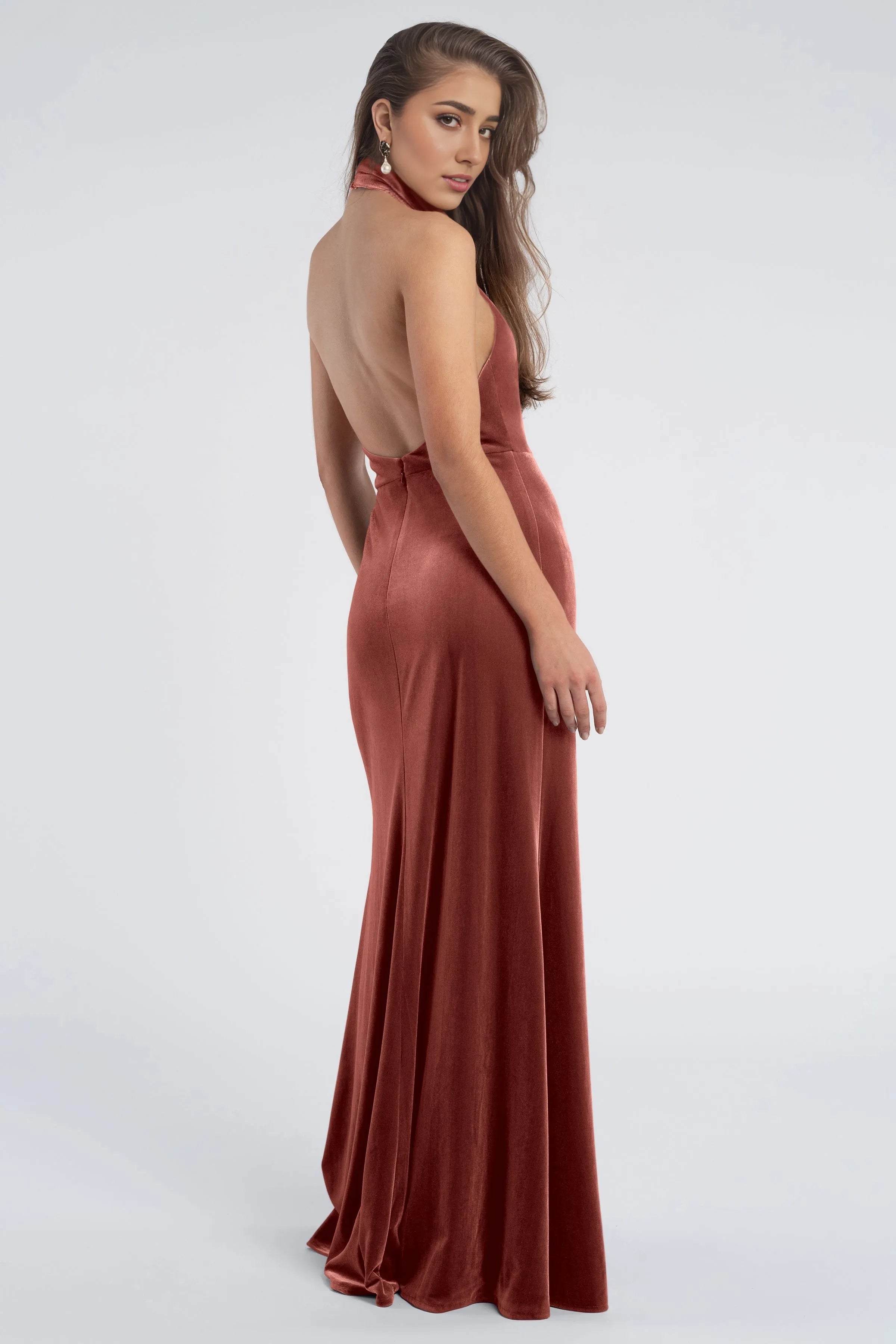 Dress Vintage Halter Sleeveless Low Open Back Evening Dress Bridesmaid Dress Floor-Length Sheath Solid Color Prom Dress