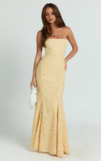 Yellow Dress Vintage Jacquard Square Neck Fit And Flare Maxi Dress Trumpet Sleeveless Backless Up Evening Dress
