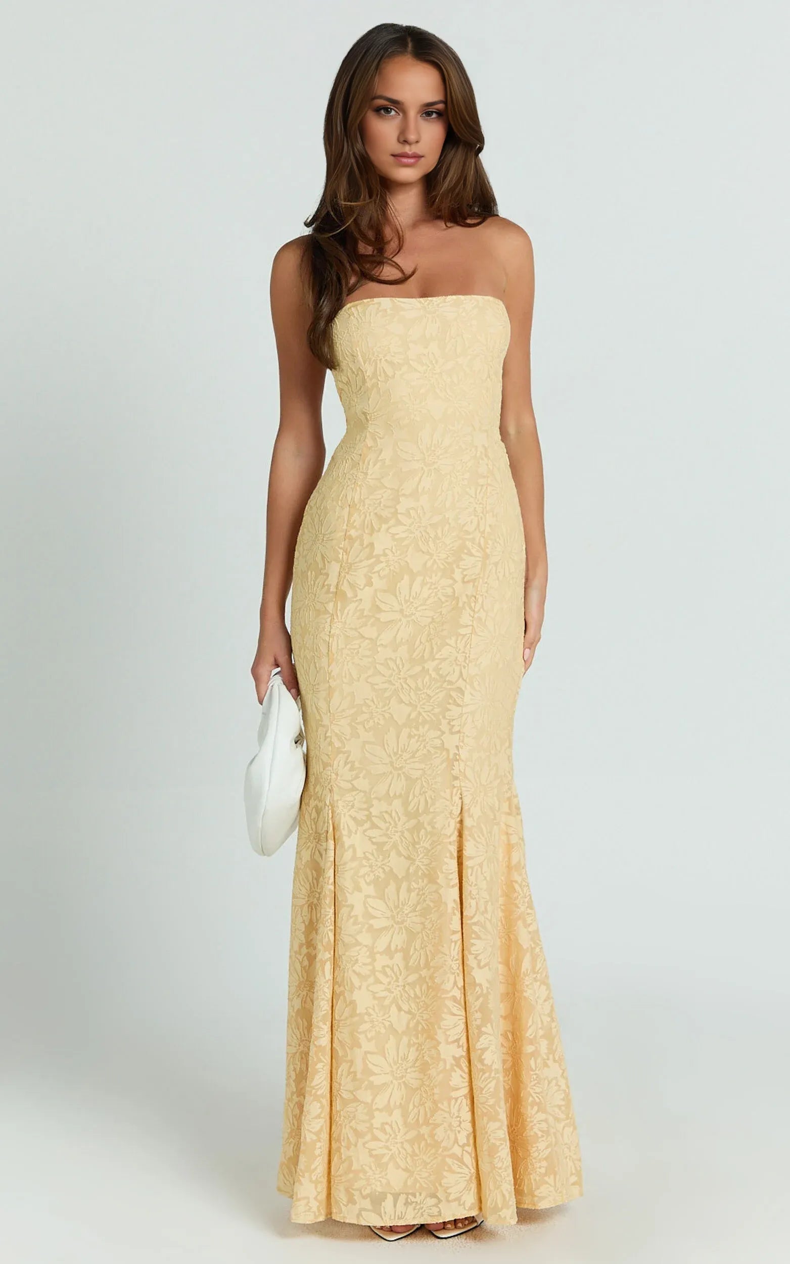 Yellow Dress Vintage Jacquard Square Neck Fit And Flare Maxi Dress Trumpet Sleeveless Backless Up Evening Dress