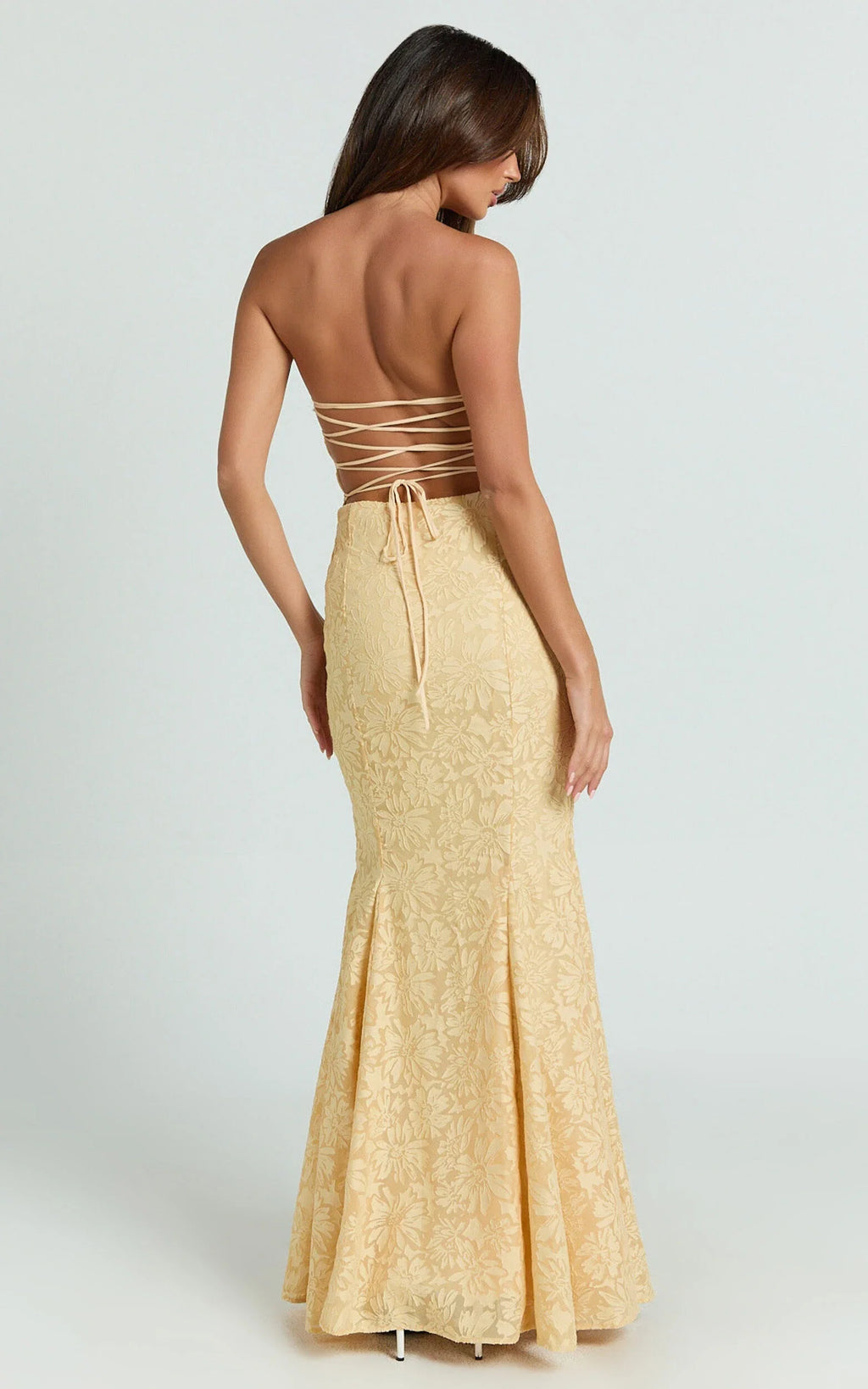 Yellow Dress Vintage Jacquard Square Neck Fit And Flare Maxi Dress Trumpet Sleeveless Backless Up Evening Dress