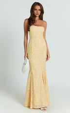 Yellow Dress Vintage Jacquard Square Neck Fit And Flare Maxi Dress Trumpet Sleeveless Backless Up Evening Dress