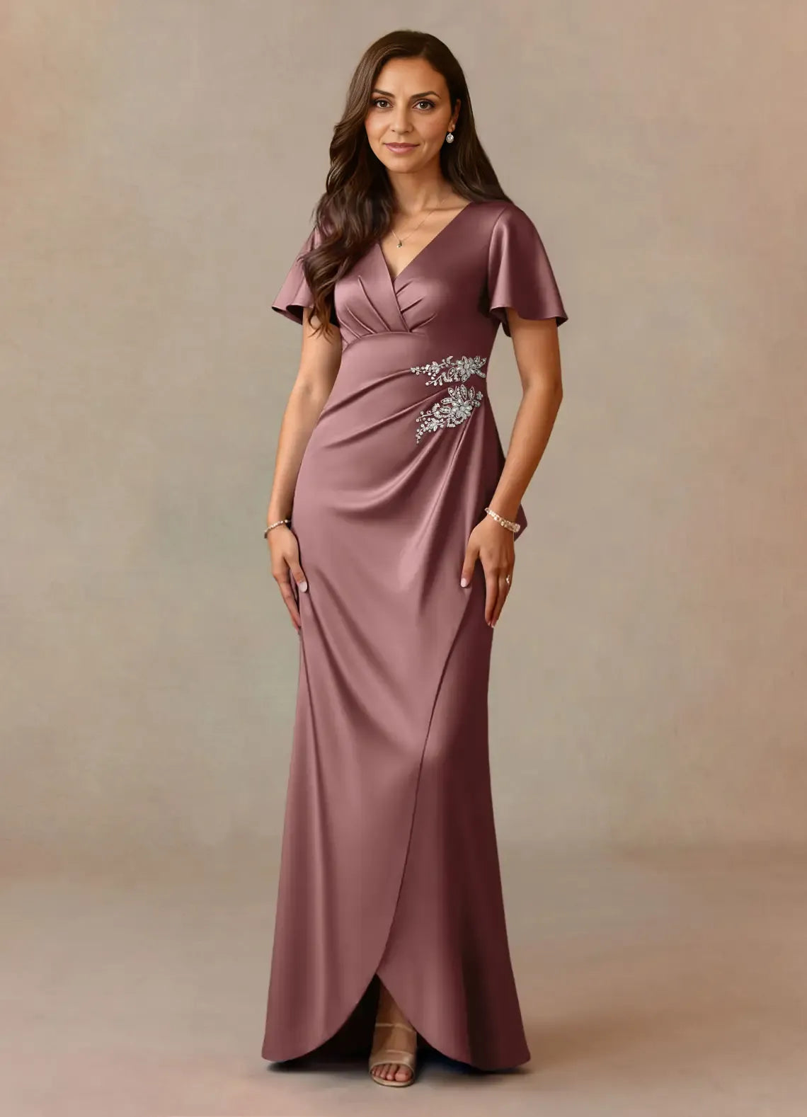 Dress Dusty Rose A-Line Pleated Dress V-Neck Flutter Sleeve Beaded Floor-Length Mother of the Bride Dress