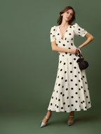 Dress Vintage Polka Dots Deep V Neck Short Sleeves A-line Prom Dress Maxi Dress Back Full Coverage Evening Dress