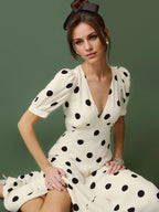 Dress Vintage Polka Dots Deep V Neck Short Sleeves A-line Prom Dress Maxi Dress Back Full Coverage Evening Dress