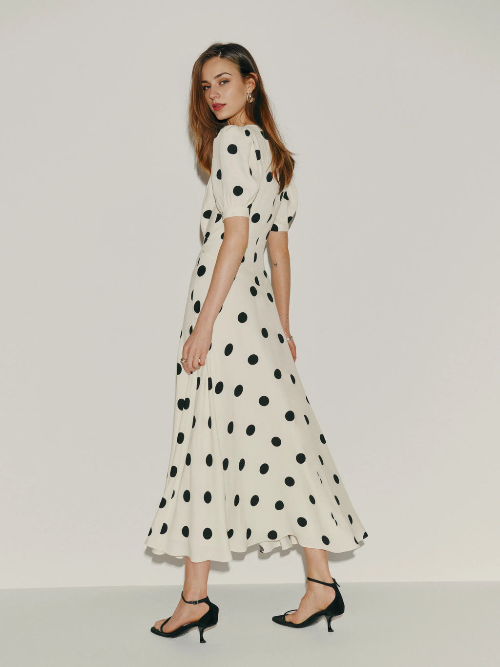 Dress Vintage Polka Dots Deep V Neck Short Sleeves A-line Prom Dress Maxi Dress Back Full Coverage Evening Dress