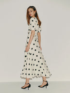 Dress Vintage Polka Dots Deep V Neck Short Sleeves A-line Prom Dress Maxi Dress Back Full Coverage Evening Dress