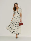 Dress Vintage Polka Dots Deep V Neck Short Sleeves A-line Prom Dress Maxi Dress Back Full Coverage Evening Dress