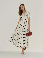 Dress Vintage Polka Dots Deep V Neck Short Sleeves A-line Prom Dress Maxi Dress Back Full Coverage Evening Dress