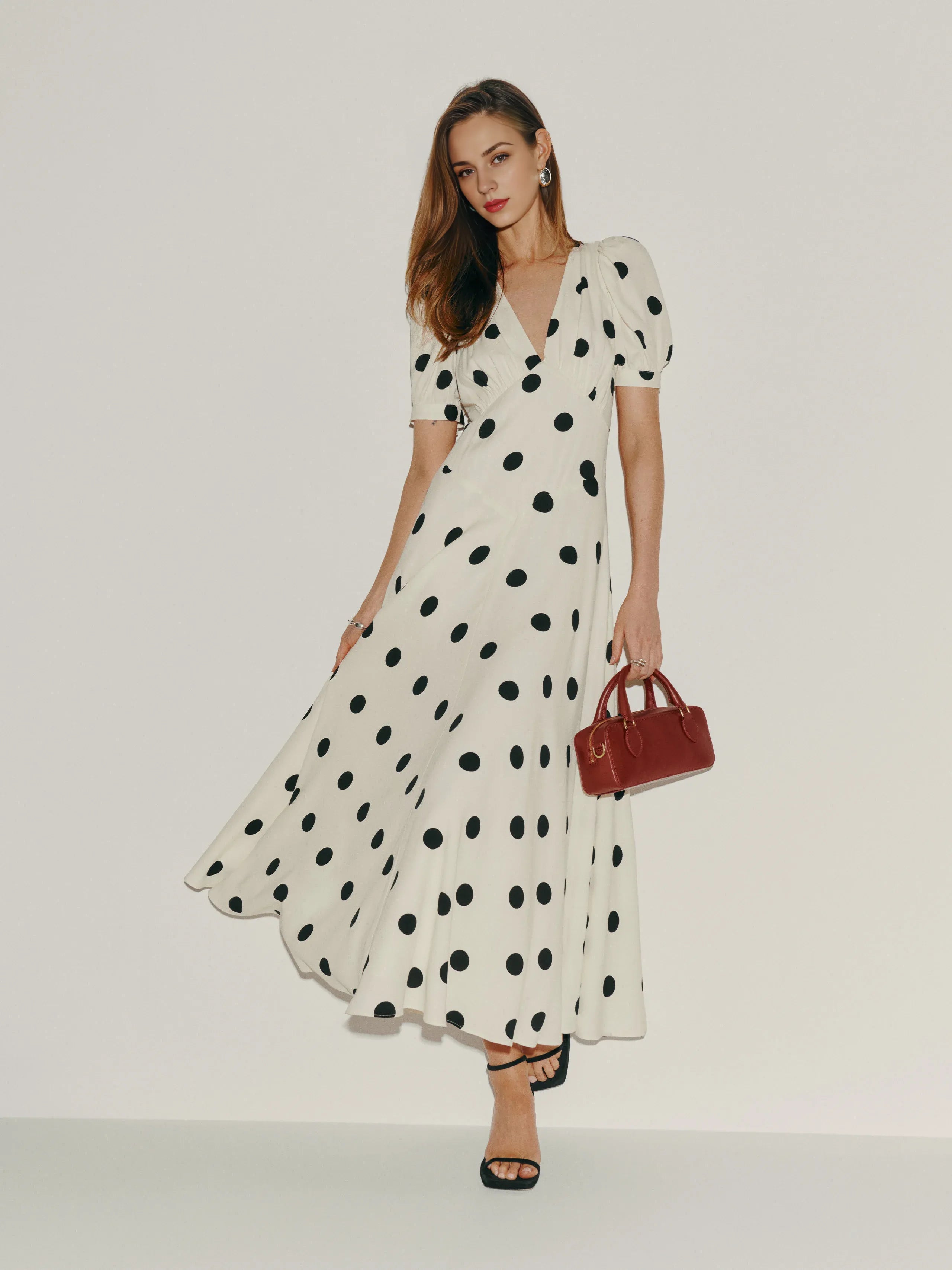 Dress Vintage Polka Dots Deep V Neck Short Sleeves A-line Prom Dress Maxi Dress Back Full Coverage Evening Dress