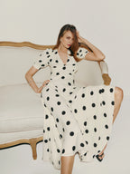 Dress Vintage Polka Dots Deep V Neck Short Sleeves A-line Prom Dress Maxi Dress Back Full Coverage Evening Dress