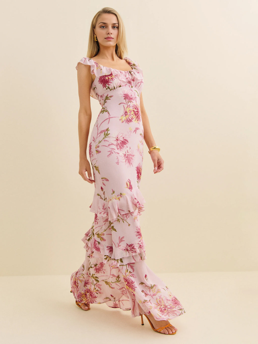 Dress Vintage Round Neck Cap Sleeve Mermaid Prom Dress Maxi Dress Sheath Backless Flower Printed Evening Dress
