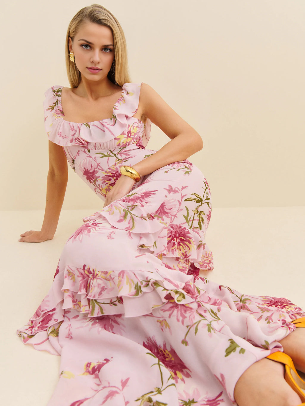 Dress Vintage Round Neck Cap Sleeve Mermaid Prom Dress Maxi Dress Sheath Backless Flower Printed Evening Dress