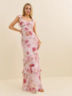 Dress Vintage Round Neck Cap Sleeve Mermaid Prom Dress Maxi Dress Sheath Backless Flower Printed Evening Dress