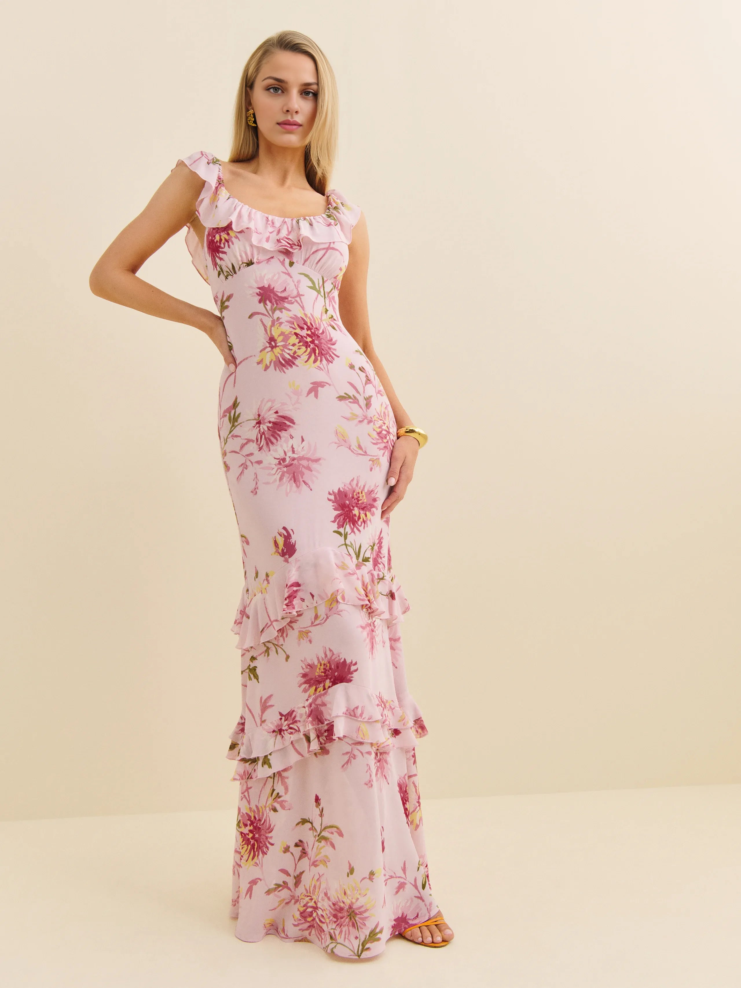 Dress Vintage Round Neck Cap Sleeve Mermaid Prom Dress Maxi Dress Sheath Backless Flower Printed Evening Dress