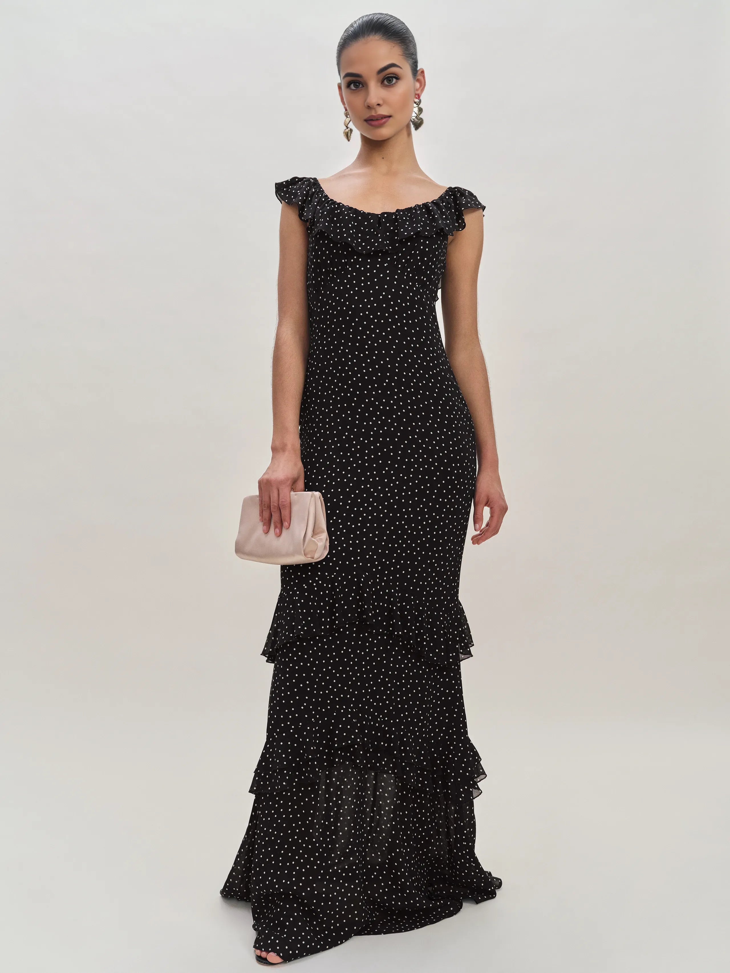 Dress Vintage Round Neck Cap Sleeve Mermaid Prom Dress Maxi Dress Sheath Backless Polka Dots Evening Dress