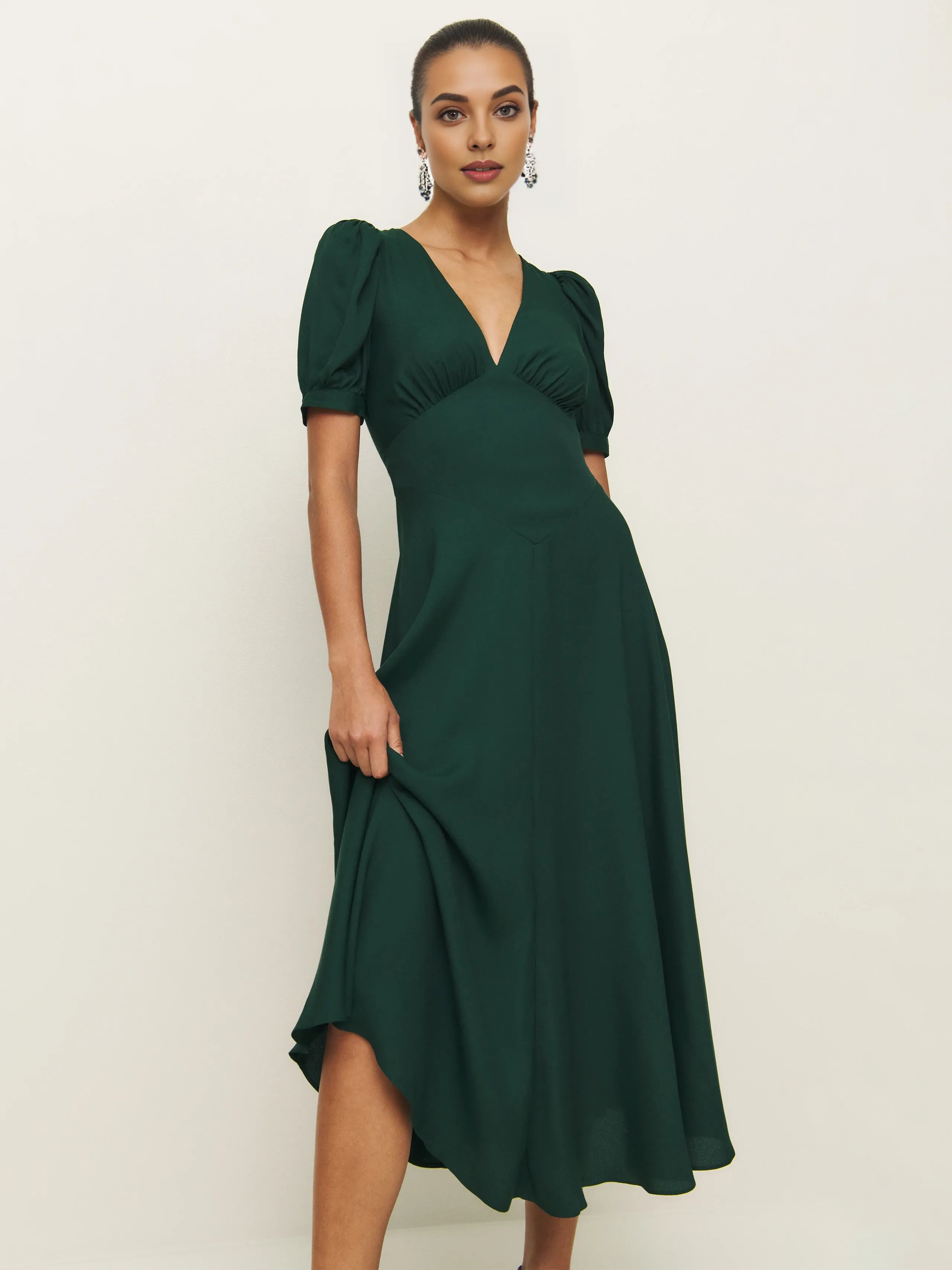 Dress Vintage Solid Color Deep V Neck Short Sleeves A-line Prom Dress Maxi Dress Back Full Coverage Evening Dress