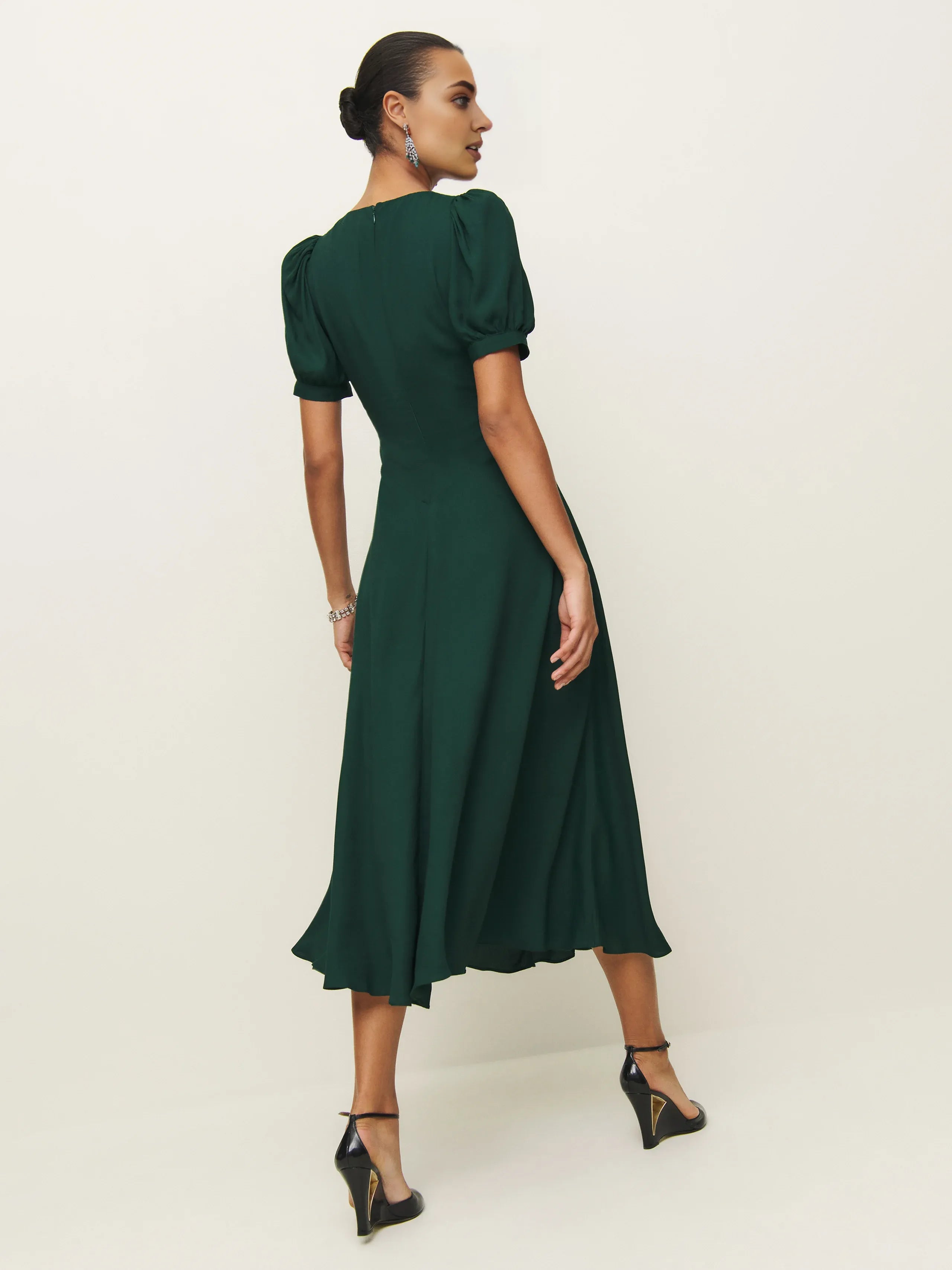 Dress Vintage Solid Color Deep V Neck Short Sleeves A-line Prom Dress Maxi Dress Back Full Coverage Evening Dress
