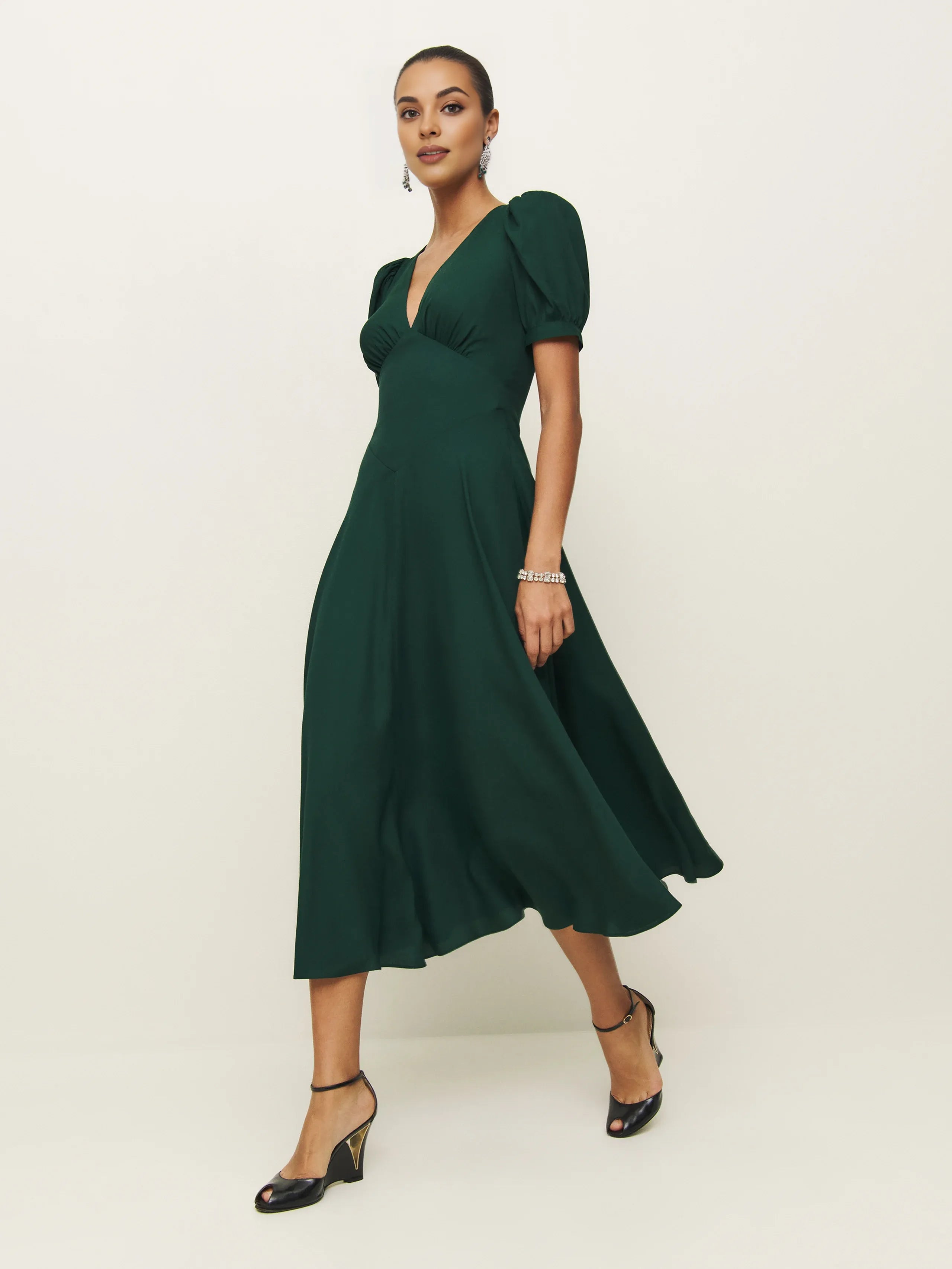 Dress Vintage Solid Color Deep V Neck Short Sleeves A-line Prom Dress Maxi Dress Back Full Coverage Evening Dress