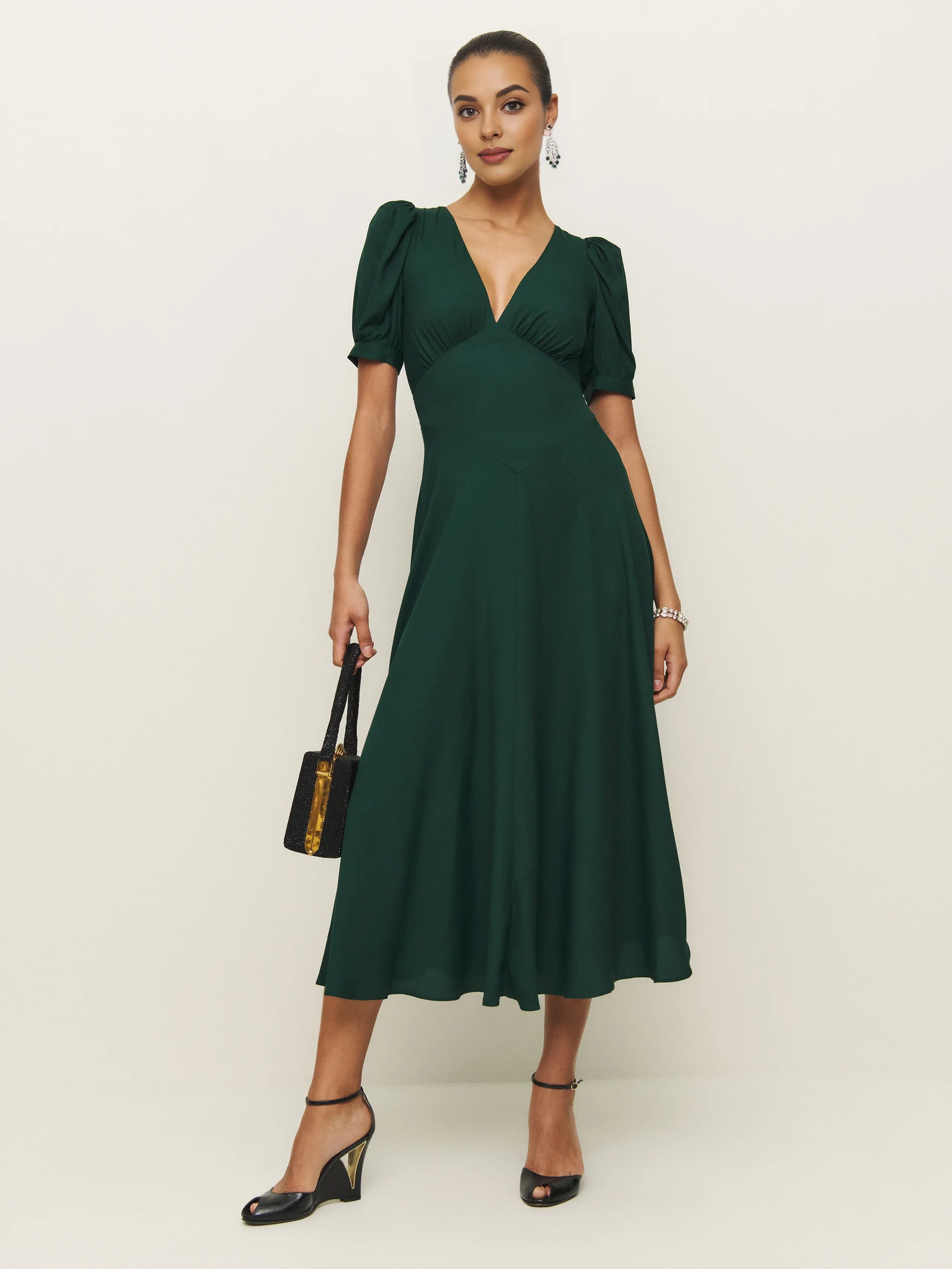 Dress Vintage Solid Color Deep V Neck Short Sleeves A-line Prom Dress Maxi Dress Back Full Coverage Evening Dress