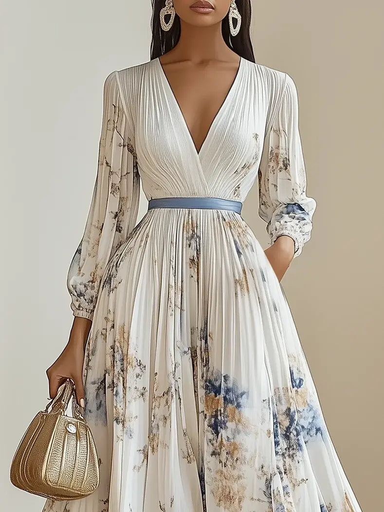 White Dress Pleated V Neck Prom Dress Floral Long Balloon Sleeve Flower Printed A-Line Maxi Dress